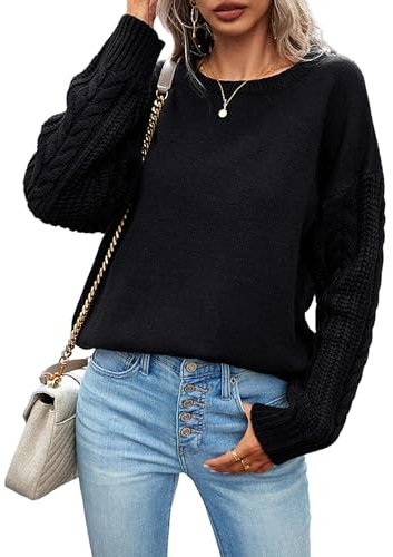 Heersan Jumpers for Women UK Cable Knit Sweaters Casual Ladies Jumper Long Sleeve Tops Crew Neck Winter Thick Sweater Black