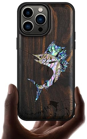 Carveit Bois Etui pour iPhone 14 Pro Max Magnétique Coque, Incrustation de Coquille Protection de Téléphone Antichoc Compatible avec Apple 14 Pro Max Étui Magsafe (Bois Sombre-Marlin en Plein essor)