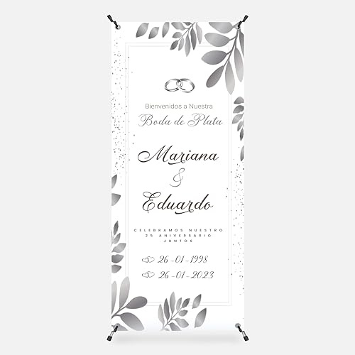 Cartel Bienvenida Boda Personalizado - Photocall Boda de Plata | Print Stamp Love, Decoracion de bodas de plata, Lona personalizada PVC Resistente con Estructura (70x180cm) MODELO 2