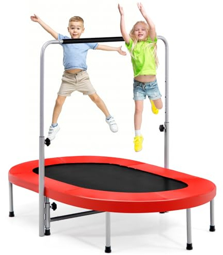 SPOTRAVEL 60’’ Kids Trampoline, 2 Persons Foldable Fitness Rebounder Trampoline with Height Adjustable Handrail & Padded Protective Cover, Indoor Outdoor Exercise Jumper for Adults Toddler (Red)