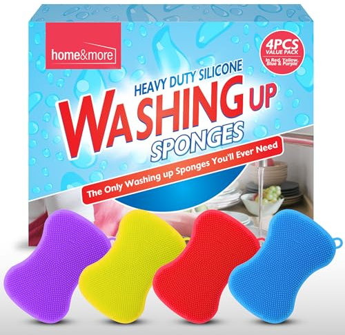 SOL 4 Pack Heavy Duty Silicone Washing Up Sponges – 7.8 x 12 cm Reusable Non-Scratch Kitchen Sponge for Cleaning Pots, Pans and Dishes – Durable Quick-Drying Multipurpose Scrub in Vibrant Colours