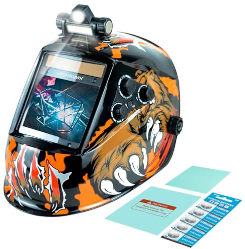 TRQWH Casco de soldadura de visión grande, 3.94 x 3.15 pulgadas, capucha de soldadura de oscurecimiento automático con luz LED, funciona con energía solar, color real, 4 sensores de arco, máscara de
