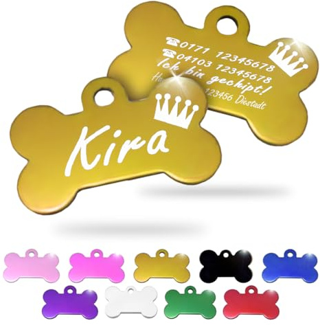 Ibera gifts - Hundemarke mit Gravur und personalisierte Hundemarke in Knochenform für mittelgroße bis große Hunde und Katzen (Gold, Krone)
