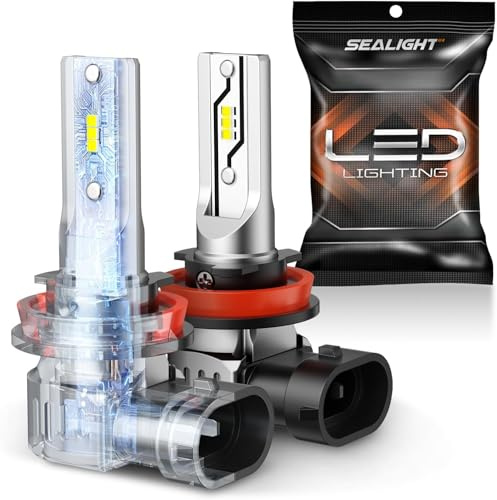 SEALIGHT H11 LED Fog Light, 12000LM 6500K H8 H9 H16 600% Brightness, Mini Size 1:1 100%, Suitable for Trucks, Cars, Motorcycles, Low Beam and Bright High Beam, Replaces Halogen Lamps, Pack of 2