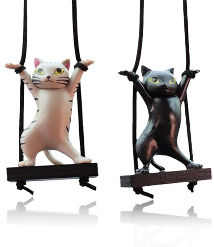 Decoration Voiture Swinging Chat, 2 pièces Pendentif Voiture, Accessoires Suspendus Mignons pour Voiture Chat, Rétroviseur Voiture Suspendu Ornement, Decoration Interieur Voiture, gris, noir