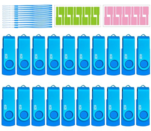 Memorias - Memoria USB de 4 GB, unidad flash USB 2.0 Nicepicten Pendrive a granel, unidad USB 2.0 giratoria, color azul, llave USB con 20 cordones y etiqueta, unidad USB para proyectos escolares