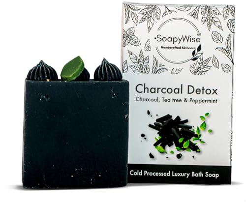 SoapyWise Natural Activated Charcoal Soap Bar – Lab Tested Organic Detox Vegan & Handmade Soap for Face, Body & Hands, Deep Cleansing & Hydrating, Enriched with Avocado & Walnut Oil,100g (Pack of 1)