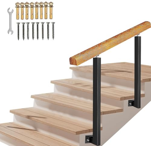 Lanmmraifc Wooden Hand Rails for Outdoor Steps, Side Mount Adjustable Wrought Iron Stair Railing Fits 3 to 4 Steps, Outside Metal Porch Transitional Handrail Picket Kit(Height 85cm,80cm/32inch)