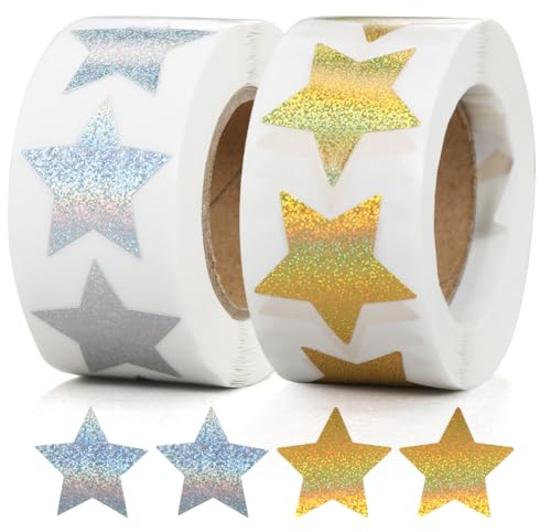 1000 adesivi a forma di stella, rotolo autoadesivo con stelle oro argento da 2,5 cm, adesivi scintillanti con stelle di Natale, etichette stelle per premi scrapbooking d'auguri confezioni regalo