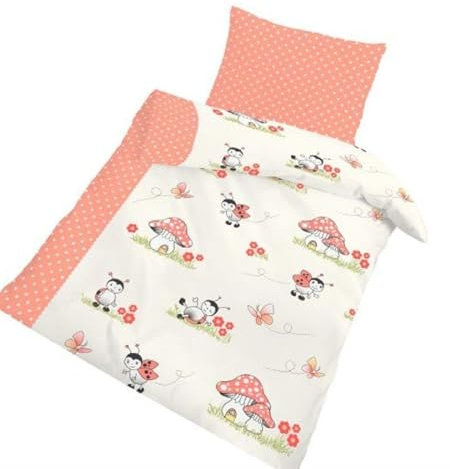 KK SHOPPING Versandhandel Klaus Kolodzie Baby-Bettwäsche mit Käferchen und Pilzen, 40 x 60 cm und 100 x 135 cm, weiß mit rosa Punkten