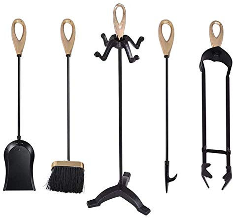 Ensemble D'Outils pour Feu De 5 Pièces, Brosse pour Cheminée en Fer Forgé, Tisonnier, Pelle Et Pince - Hauteur 64 Cm