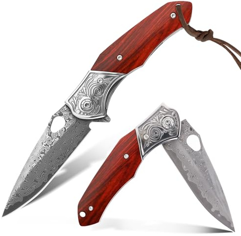 ToopMount Klappmesser, 3,15 Damaszener Stahl Klinge Klappmesser mit Lanyard Loch, Kompaktes Überlebensmesser, Holzgriff Klappbar Messer für EDC Camping Wandern Abenteuer
