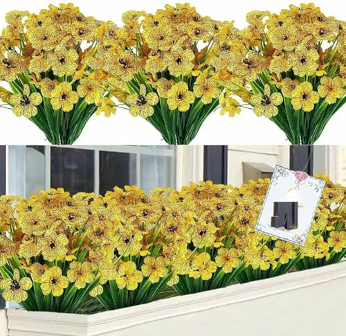 YLREAN Lot de 8 Fleurs artificielles d'automne en Plastique résistant aux UV pour l'extérieur, Fleurs en Soie, Fausses Fleurs, arbustes, Plantes Vertes, Jaunes