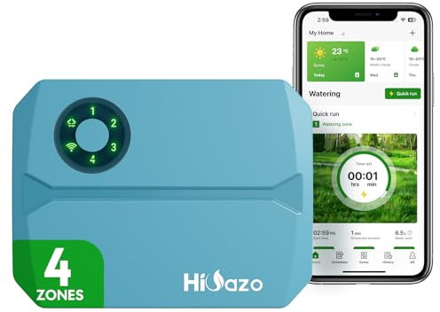 Hioazo Centralina irrigazione wifi 4 zone, 16 programmi di irrigazione, salti meteorologici intelligenti, calcolo dell'acqua, irrigazione manuale, centralina per irrigazione giardino, serra e prati