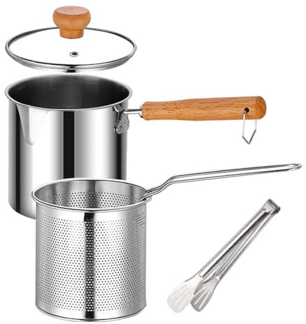 Ensemble De Friteuse Avec Panier-filtre Et Poignée En Bois | minis Friteuse En Acier Inoxydable Avec Couvercle | Petite Friteuse À Économie D'huile Pour Frire Le Poisson, Les Crevettes Et LE-POULET