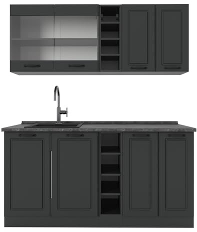 Vicco Singleküche R-Line, Anthrazit Landhaus/Anthrazit, 160 cm | 6 Module · Höhenverstellbare Füße · AP Anthrazit inkl. · MDF-Fronten · Mit offenen Regalen · Frei kombinierbar