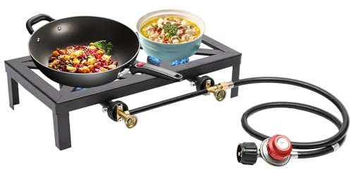 Camping Kitchen Stove, Portable Two Burner Gas Cooker, Outdoor Grill Propane Cooker with Adjustable 0-10Psi Regulator Hose for Patio Camping, BBQ, Home Brewing, Turkey Fry, Maple Syrup Prep