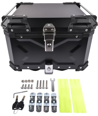 GLOSSY AUTO PARTS 55L Universelles Motorrad‑Topcase, wasserdichte Aluminium‑Hecktruhe mit Sicherheitsverschluss, Reflektionsaufkleber, zur Aufbewahrung von Helm und Gepäck, Schwarz