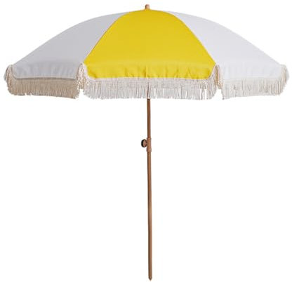 Parasol de Plage Boho Franges 200cm Anti-UV, Parapluie Jardin Réglable en Hauteur avec Inclinaison par Bouton pour Terrasse/Piscine/Extérieur
