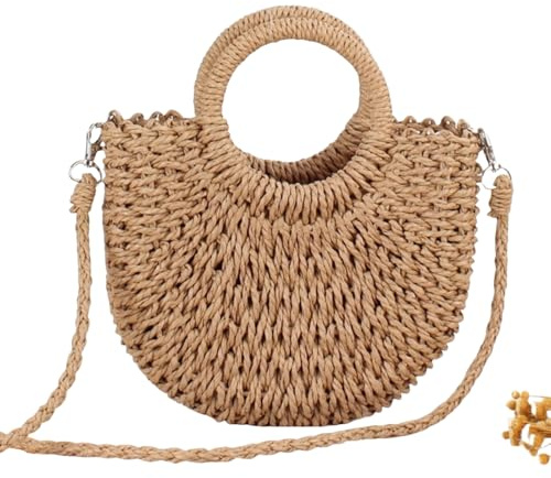 HSTWODE Stroh Strandtasche für Frauen, Sommer handgewebte Tote Bags Geldbörse mit Quaste, Top Griff Stroh Handtasche Clutch