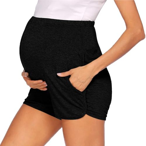 Pantalones cortos de maternidad para mujer sobre el vientre, pantalones cortos de ciclista para embarazo, entrenamiento, correr, yoga, cómodos, elásticos, con bolsillos, Negro, XXL