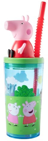 Peppa Pig Bicchiere 3D con Cannuccia 360 ml - Tazza Bambini con Coperchio e Figura 3D - Plastica leggera, riutilizzabile - Per scuola, asilo e viaggi - Verde