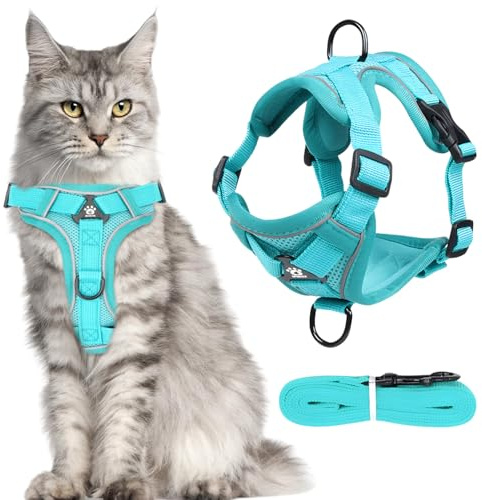 MOTIBACK Katzengeschirr mit Leine Ausbruchsicher, Adjustables Katzengeschirr mit Reflektierenden Streifen und Leine, Weiches Mesh-Geschirr für Kleine und Mittelgroße Katzen (L)