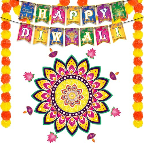 ZKFSIE Diwali Decorations, Rangoli Stickers, Diwali Decoration for House with 2 Artificial Orange Marigold Flower Garland for Home Entrance & Wall, Indian Theme Decorations Diwalis Decor Gifts