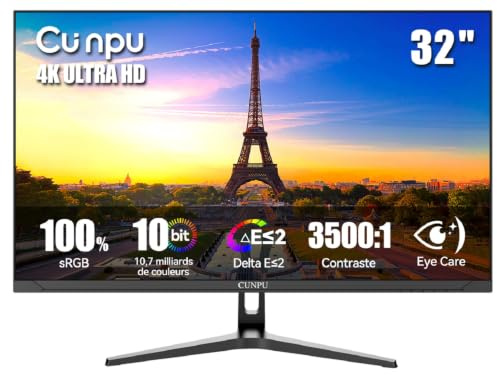 CUNPU 4K Monitor 32 Zoll, 1,07 Mrd. Farben, 100% sRGB, 95% DCI-P3&AdobeRGB, VA, Augenschonend, VESA(75X75mm), HDR, HDMI*2 DP*2, Für professionelles Arbeiten, Design & Content