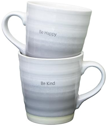Darthome Set of 2 Grey Ombre Be Happy & Kind Mugs 500ml Two Tone Stoneware Coffee Cups