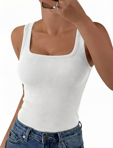 Aottori Canotta Estiva Donna con Scollo Quadrato Canottiera Senza Maniche Elegante Basic Tank Top Aderente Slim Fit Sottogiacca a Maglia Casual Sexy Bianco XL