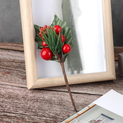 Skönlitteratur konstgjord bärbukett med gröna blad och röda bär, 17 cm blomsterarrangemang för heminredning, gör-det-själv-hantverk och fotorekvisita