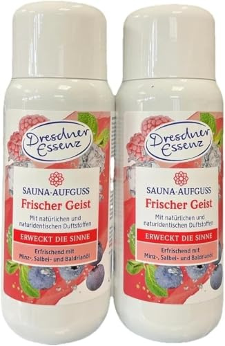 Dresdner Essenz Sauna-Aufguss Frischer Geist Orange Rosmarin Orange Honig Eukalyptus Menthol Kräuter Japanische Minze Eislimone..., 2x 250ml (2er Pack Frischer Geist, 2x 250ml)