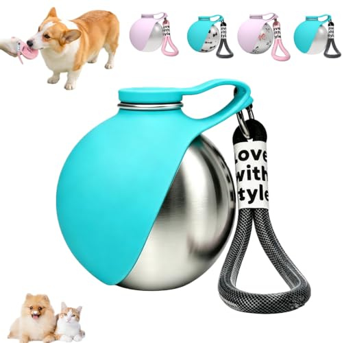 Trinkflasche Hunde Für Unterwegs, 285ml Edelstahl Hundetrinkflasche Für Unterwegs, Tragbare Auslaufsichere Hunde Trinkflasche Mit Faltbarem Silikonnapf, Für Wandern Und Campen (D)