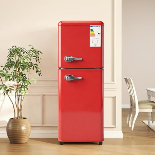 Sweiko Réfrigérateur à double porte (112 litres), compartiment réfrigérateur 72 litres + compartiment congélateur 40 litres, 7 niveaux de réglage de la température, classe énergétique E (Red)