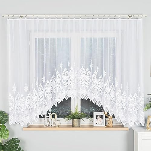 Gardinen Vorhangen Weiß Jacquard 400x160 cm (BxH) Fertiggardine Ludmi Bogenform Mit Spitze Fenstergardine Kurzstore Wohnzimmer Küche Elegant Lichtdurchlässig Sofort Aufhängbar Auf Clips