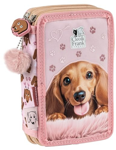 Hund Welpen Hündchen, 2-Fach Federtasche Federmappe, 27 tlg. gefüllt für Kinder Jungen Mädchen, rosa, 21 x 12 x 4 cm