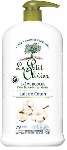 LE PETIT OLIVIER - Crema doccia extra morbida e idratante - latte di cotone - per tutta la famiglia - PH neutro per la pelle - senza sapone e senza coloranti - Made in France - 750 ml