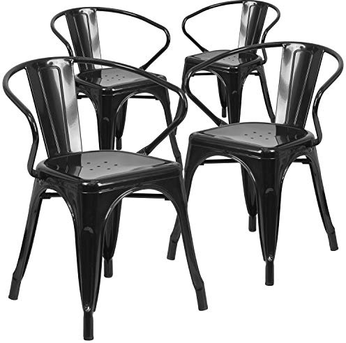 Flash Furniture Sedia da esterno in metallo con braccioli, colore nero, set di 4