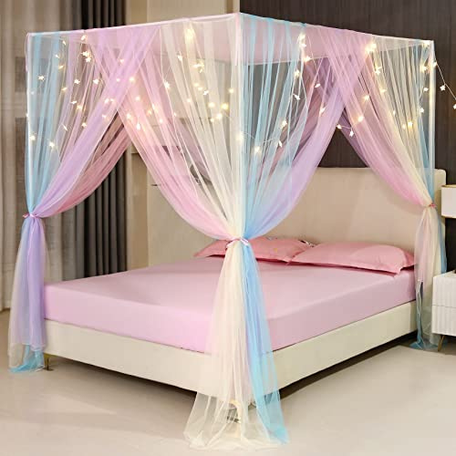 Nattey Betthimmel Bettvorhänge mit Lichtern, Regenbogen-Betthimmel Bettvorhänge, Netz, Schlafzimmer, Dekoration, Zubehör für Mädchen und Erwachsene, voll
