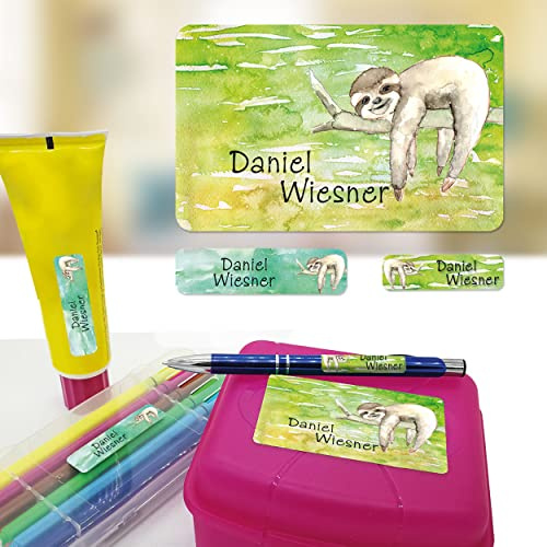 Set Faultier personalisiert wasserfest Schule Kita Kinder | 79 Sticker in 3 Größen für Stifte Brotdose Trinkflasche Bücher Hefte Federmappe Schulranzen Kindergarten Eigentum Alltag