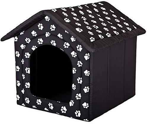 millybo Hundehöhle Hundebett Hundehaus Hundehütte R1-R6 (R2 (44 x 38 cm), schwarz mit Muster (Pfötchen))