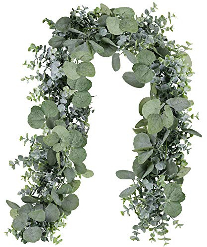 Winlyn 5.9' Long Faux Silver Dollar Eucalyptus Leaves Greenery Artificial Garland in Grey Green for Wedding Arch Swag Backdrop Doorways Table Runner Indoor Outdoor