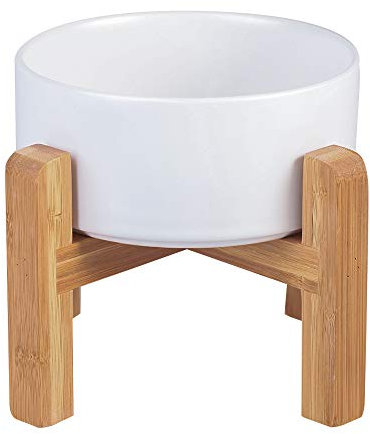 Weiß Keramik Hundenapf Futternapf Fressnapf Napf katzennäpf Hoch für Hund Katzen Bambusgestell Ständer