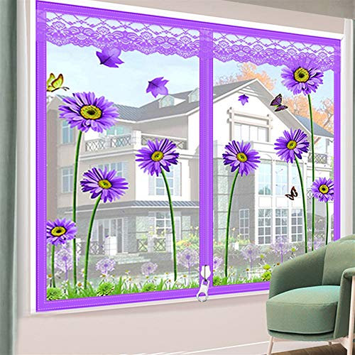 LIVEINU Magnet Fliegengitter Tür mit Reißverschluss Fenster Insektenschutz mit Klettband Fassung Moskitonetz Fliegenvorhang für Balkontür Schiebefenster 80x100cm Chrysantheme Violett