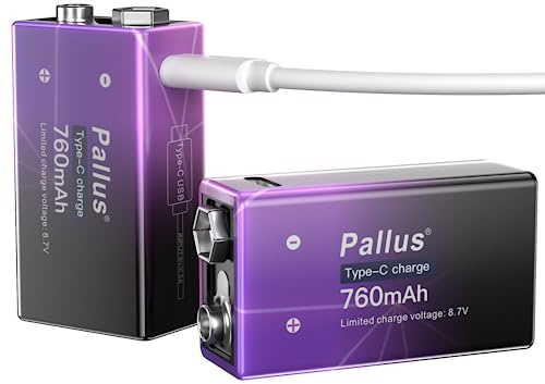 Pallus 9 Volt Rechargeable Batteries Lithium ion 9V 760mAh Li-ion Batteries 2-Pack USB 9V Battery with Type-C Charging Cable