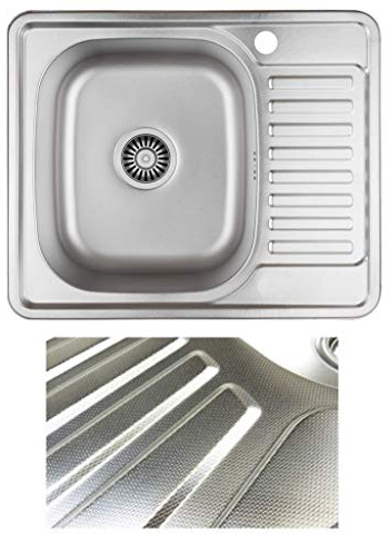 VBChome Einbauspüle 58x48 Leinenstruktur ab 45er Unterschrank Edelstahl Küchenspüle Spüle Ablagefläche Abtropffläche Rechts eckiges Camping Ablaufgarnitur Siphon