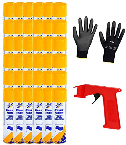 Iloda® Schutzhandschuhe + Sprüh-Pistolengriff (rot oder schwarz) + 36x 500ml cartechnic Bremsenreiniger Spray, Entfetter, Ölentferner, Fettentferner