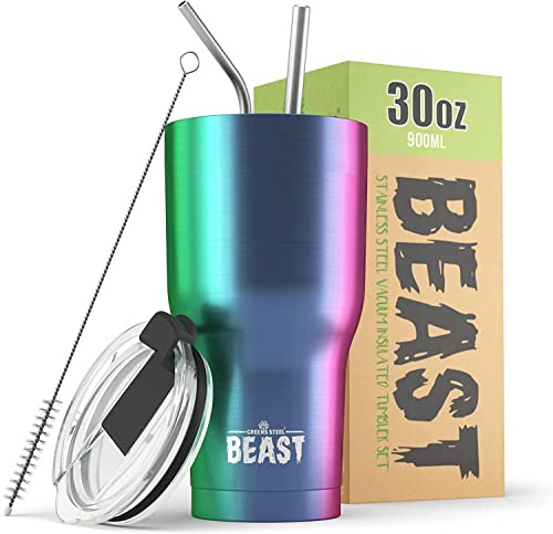 Beast Tumbler - 900 ml (30 oz), Rainbow | Reusable Stainless Steel, Vacuum Insulated Cup | with + 2 Straws & Cleaning Brush | Double Wall Travel Flask Perfect for Hot or Iced Coffee | BPA Free