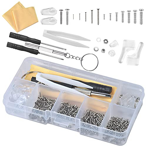 Kit de Réparation de Lunettes, Kit de Réparation pour Montres avec 500 Pcs Vis avec Boîte de Rangement, Plaquettes de Nez, Crochets D'oreille, Tournevis, Chiffon à Lunettes, Pince à Epiler